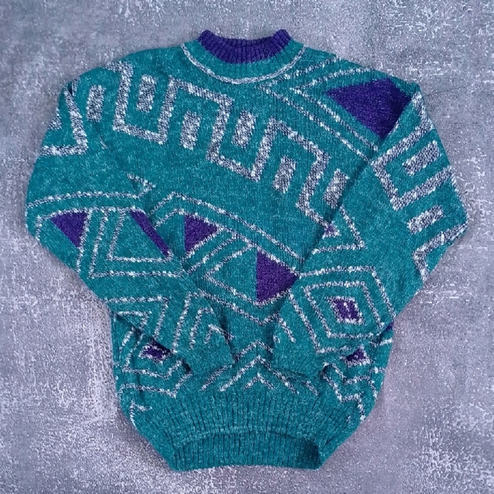 Vintage 90s FUNKY Geometric Teal and Purple Men's Sweater Crewneck